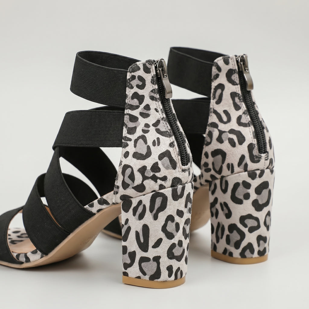 Chaussures à talons hauts épais, imprimé léopard blanc