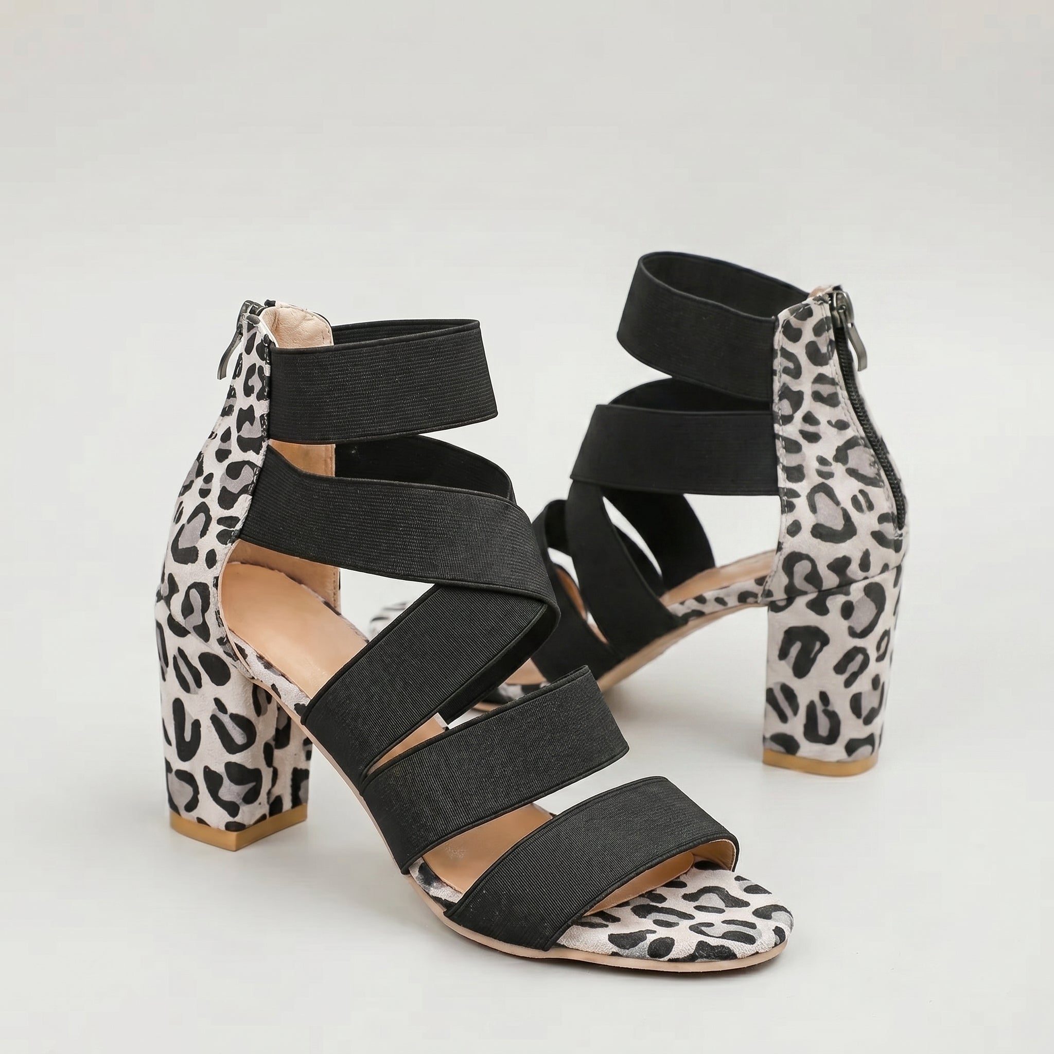 Chaussures à talons hauts épais, imprimé léopard blanc