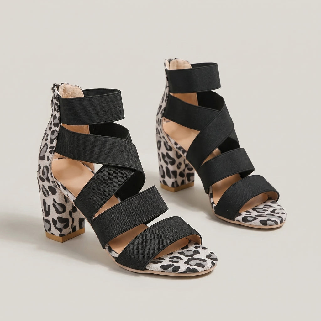 Chaussures à talons hauts épais, imprimé léopard blanc